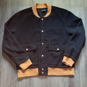 True Religion Black and Tan Varsity Jacket